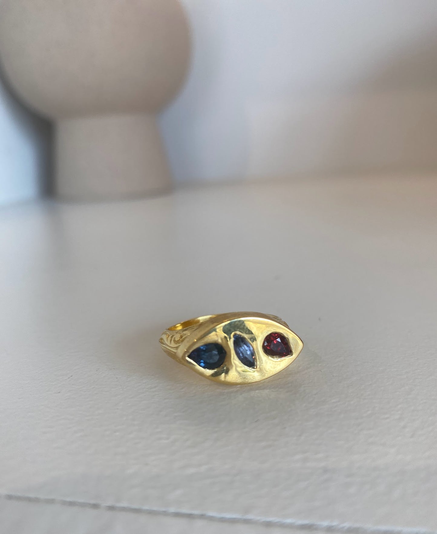 Vermeil Ring Oval Kalem Isi Ring with Tourmaline (Red and Purple) & Sapphire