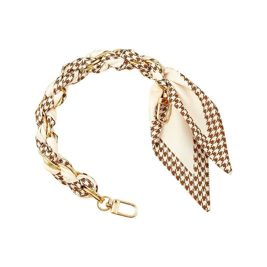 Gold Phone Chain with Scarf Brown Houndstooth - Short: Houndstooth