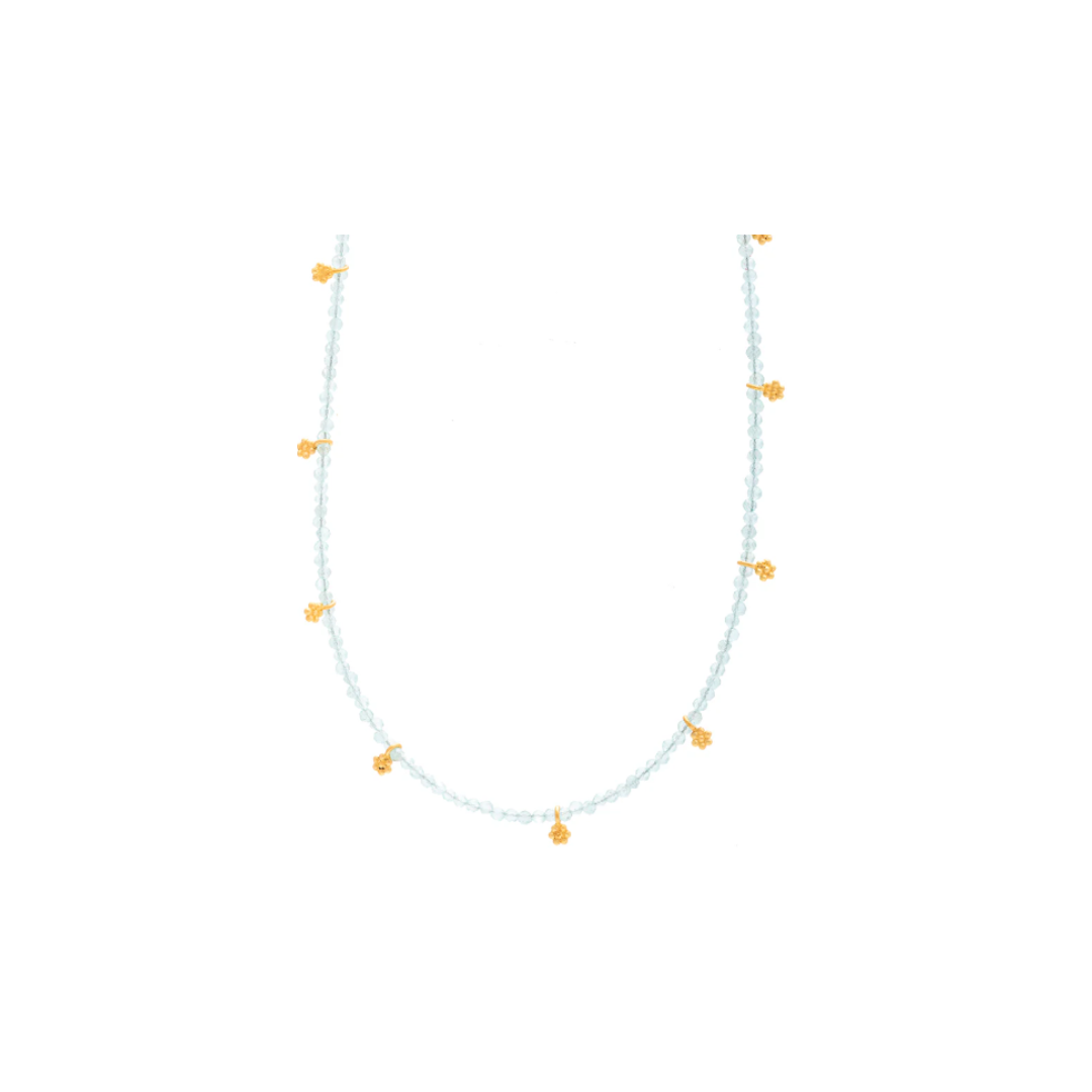Short Aquamarine Beaded Necklace with Flower Gold