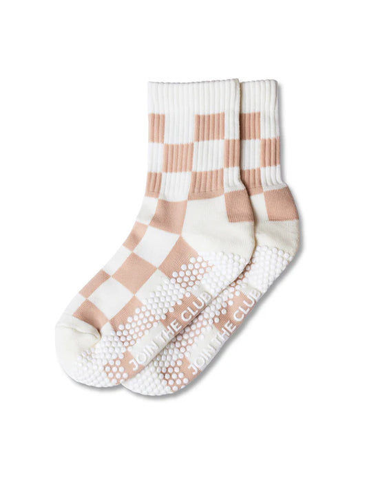 Gingham Crew Pilates Grip Sock - Beige