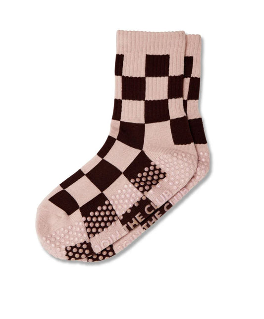 Checkered Crew Pilates Grip Sock - Pink/Chocolate