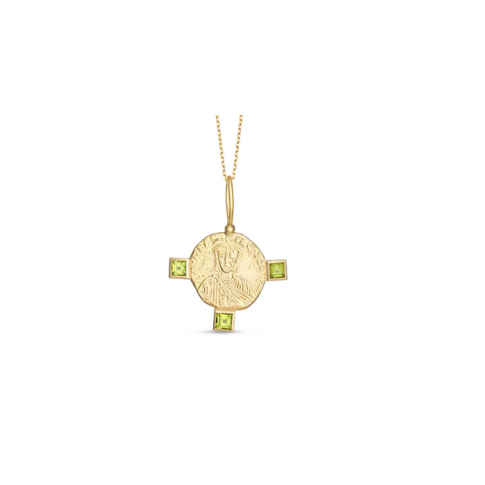 Solid Gold 14K Byzantine Grace Medallion Pendant with Peridot