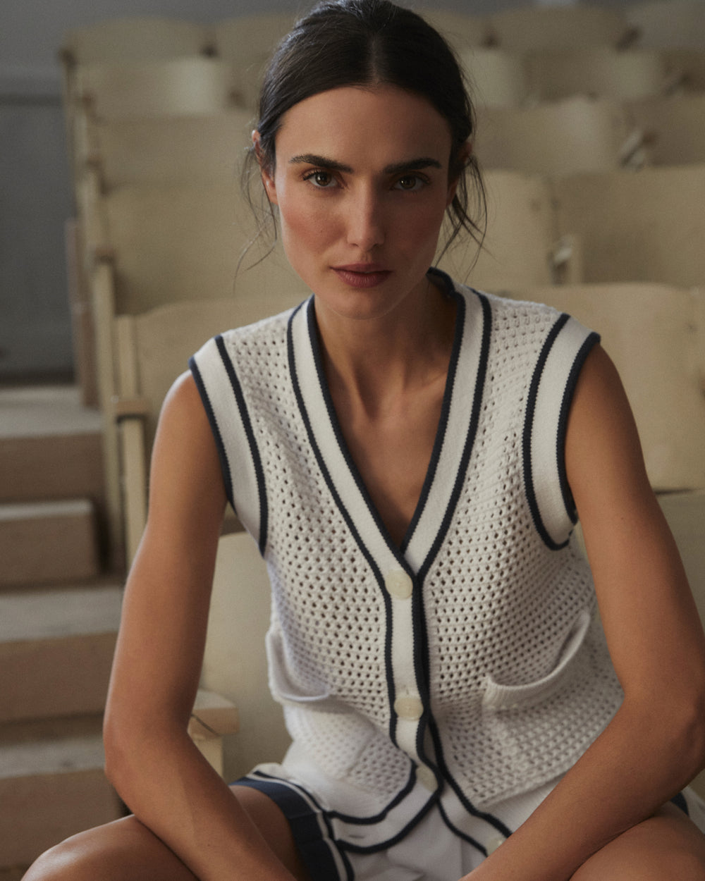 Leilani V-Neck Tank - White/  Blue Nights