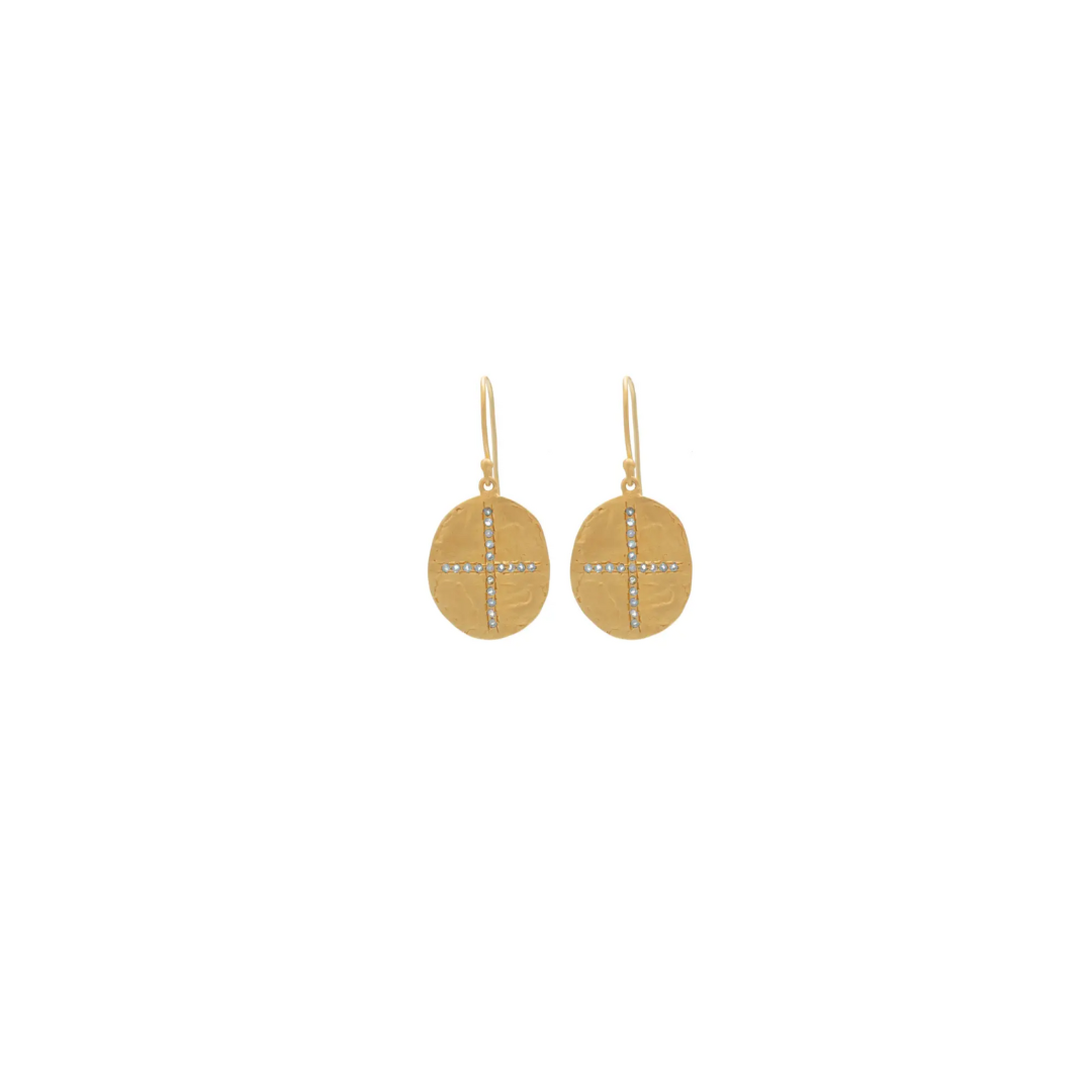 Gold Plate beaten Oval earrings with Blue Topaz Cross