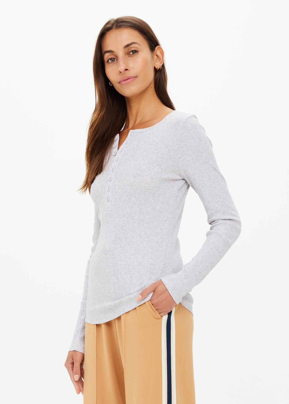 Ness Ribbed Long Sleeve Top - Grey Marle