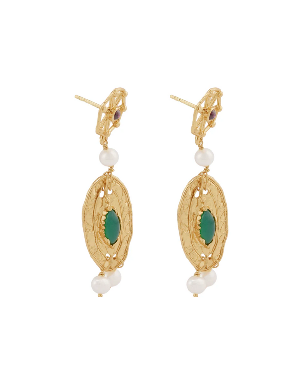 Carro Maxima Earrings with Garnet, Jade and Pearl - 18K Gold Plated
