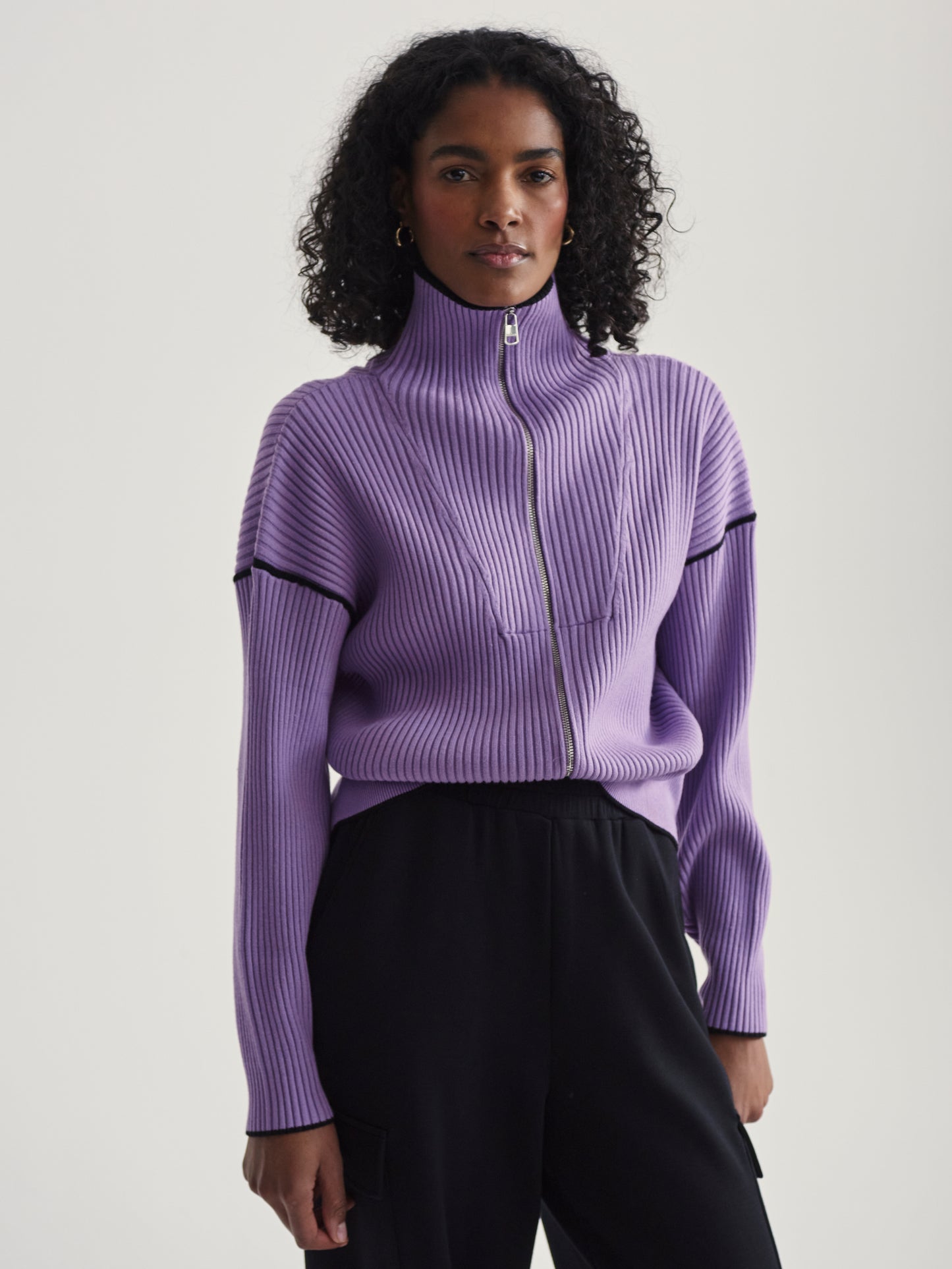 Carmen Rib Knit Zip Through - Mauve Smoke