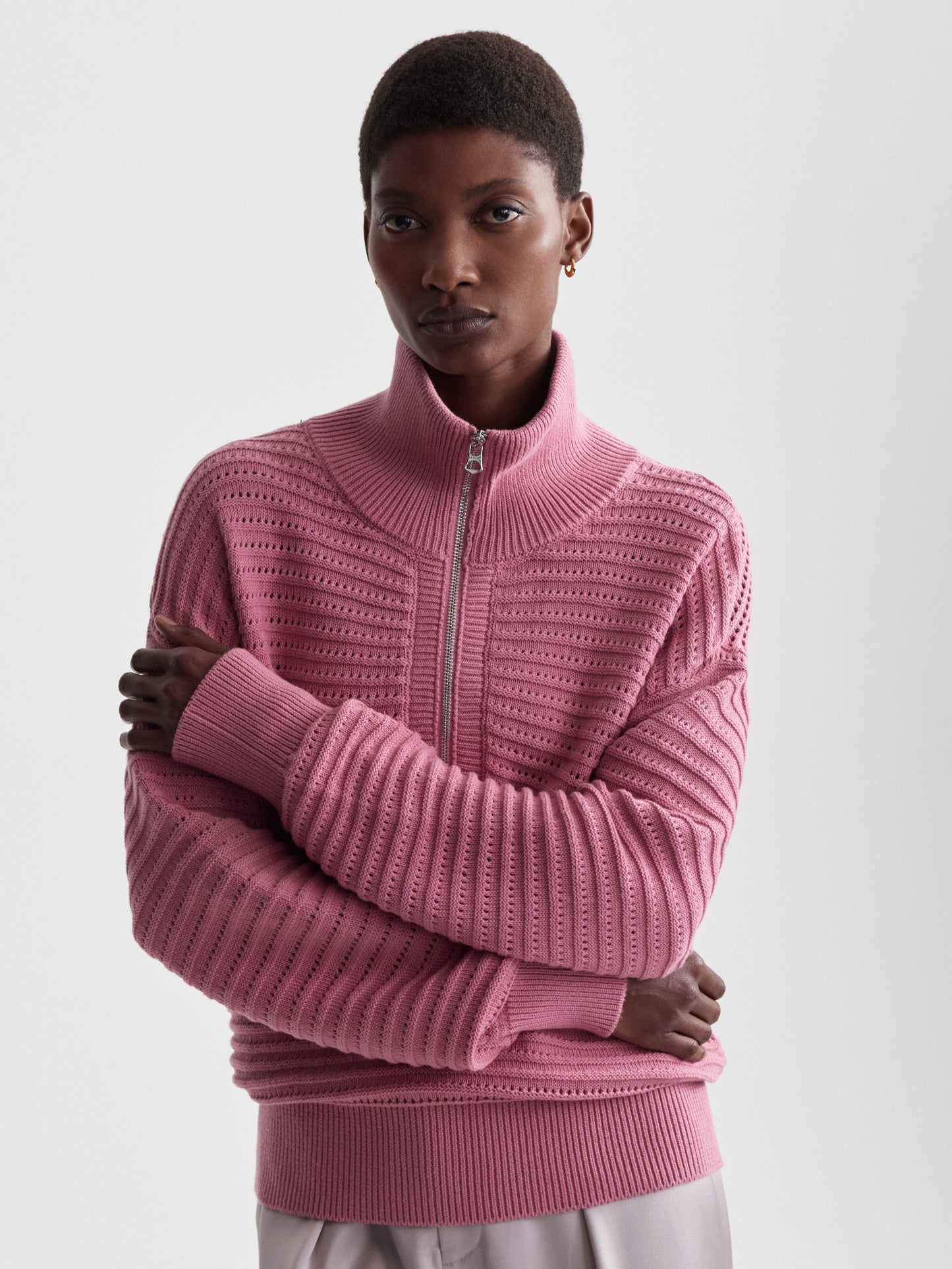 Tara Pointelle Half Zip - Foxglove