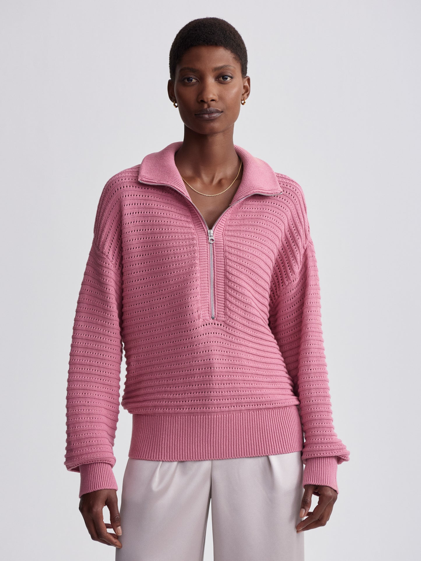Tara Pointelle Half Zip - Foxglove