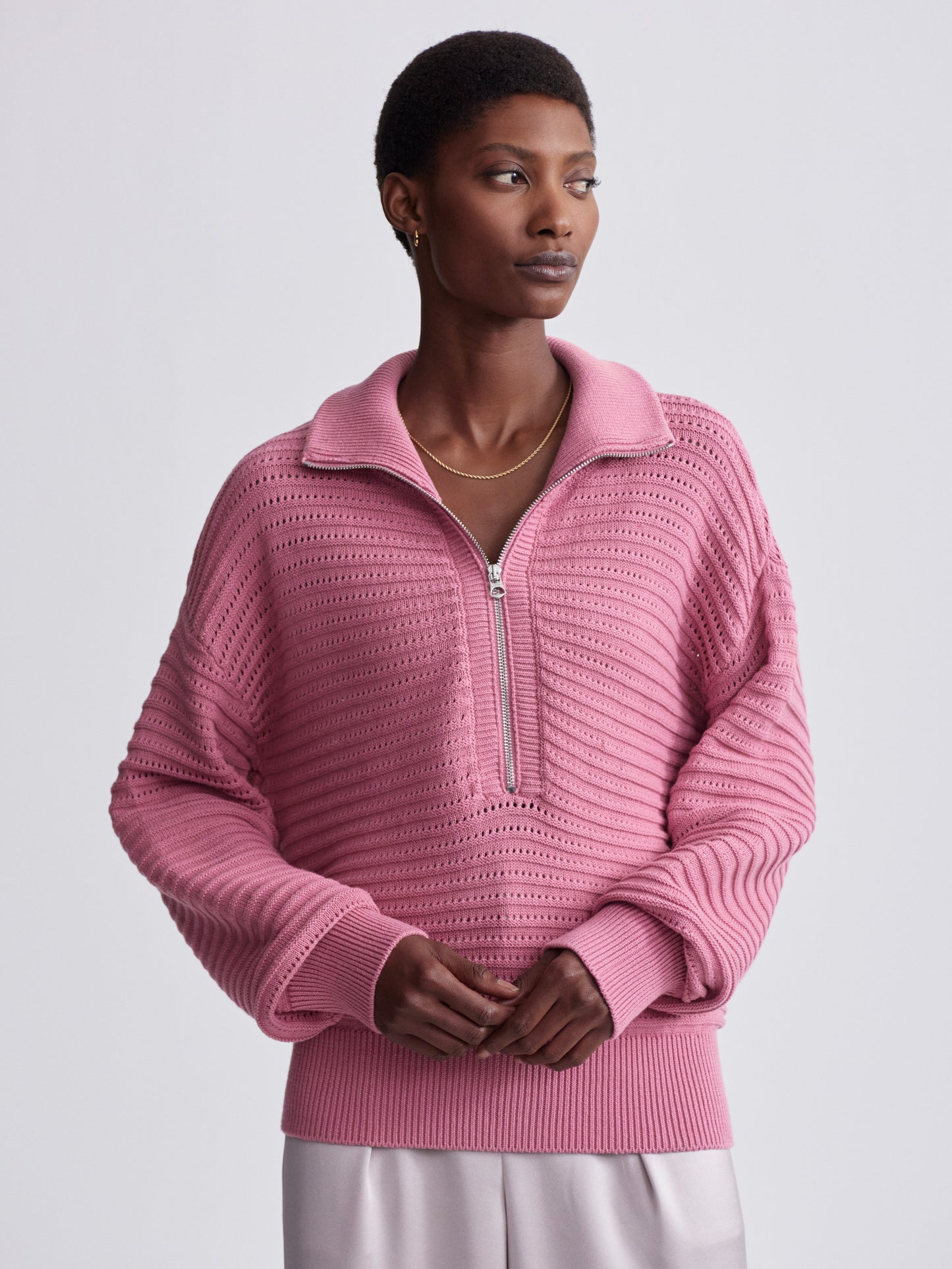 Tara Pointelle Half Zip - Foxglove