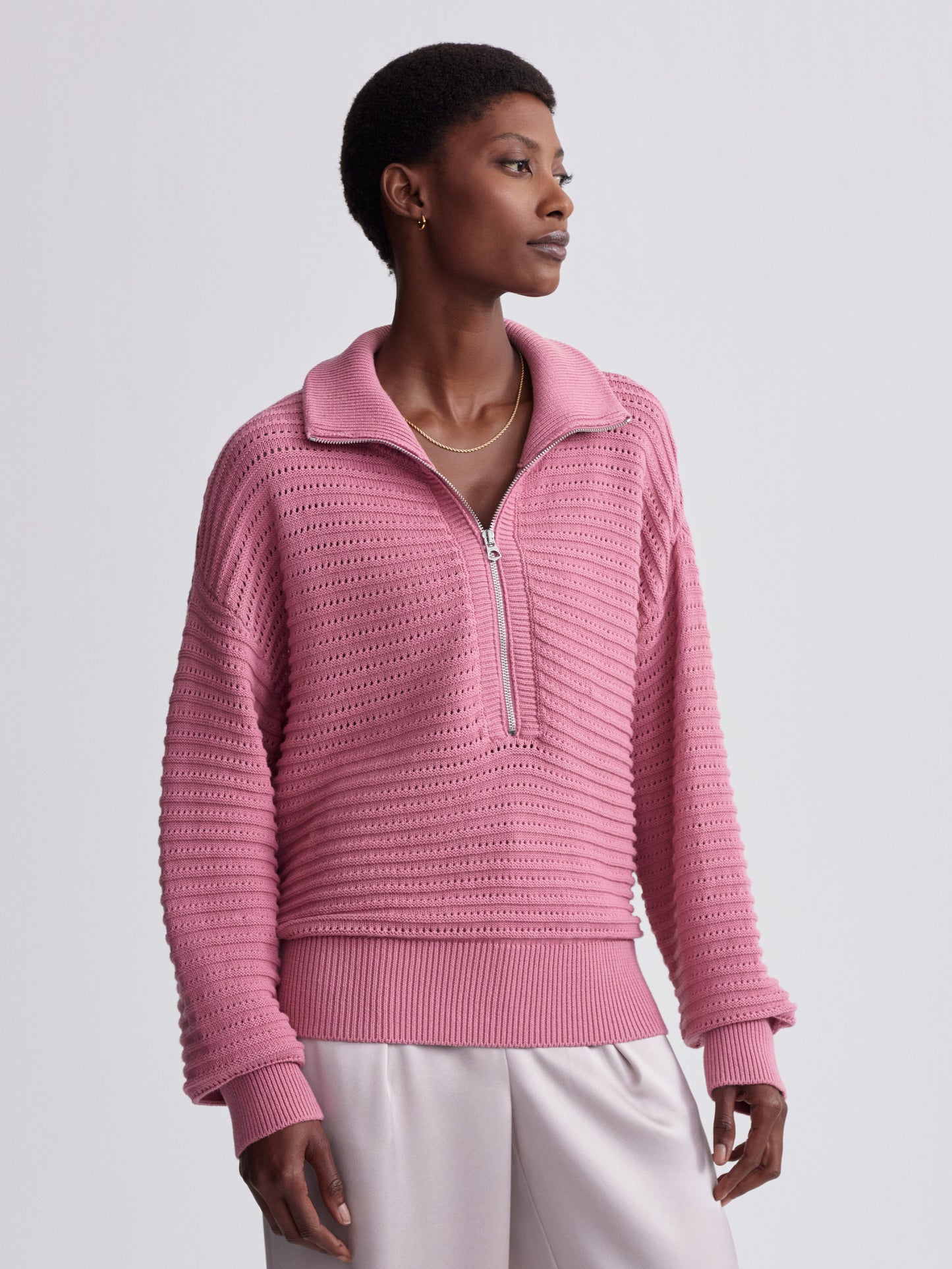 Tara Pointelle Half Zip - Foxglove