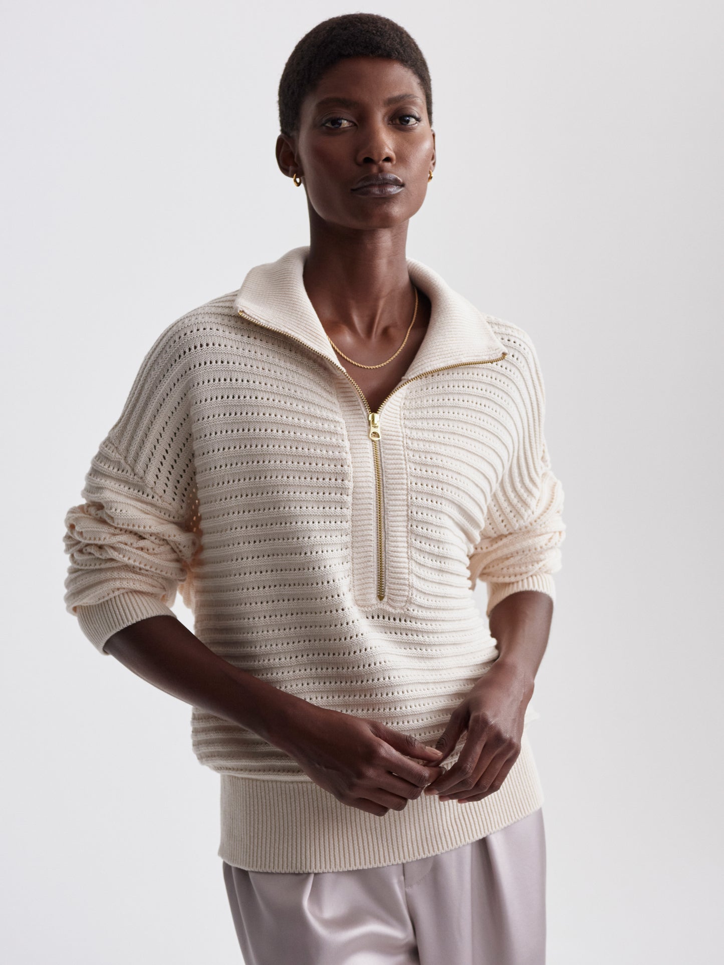 Tara Pointelle Half Zip - Whitecap Grey