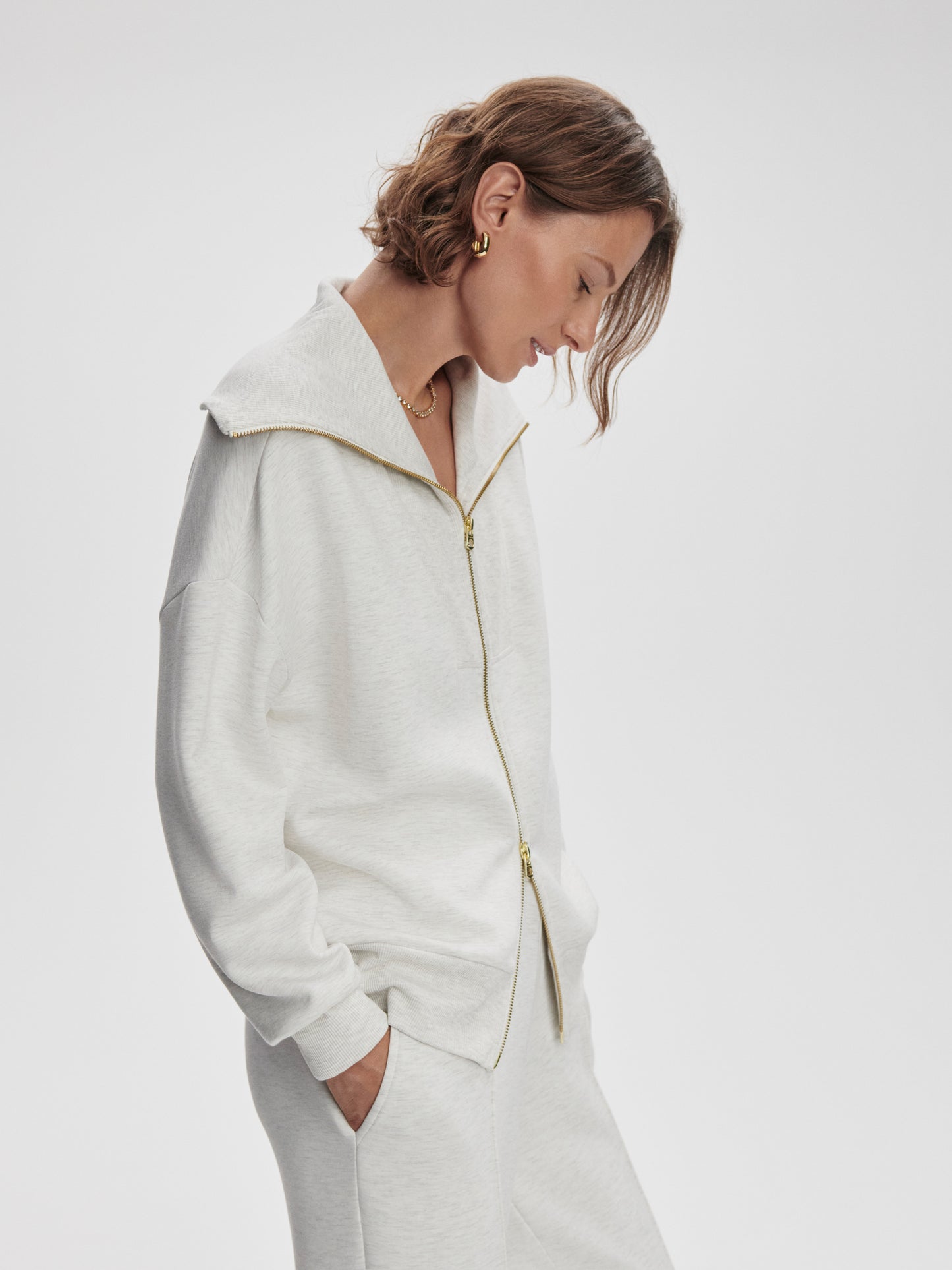 Halley Half Zip Through Sweat - Ivory Marl