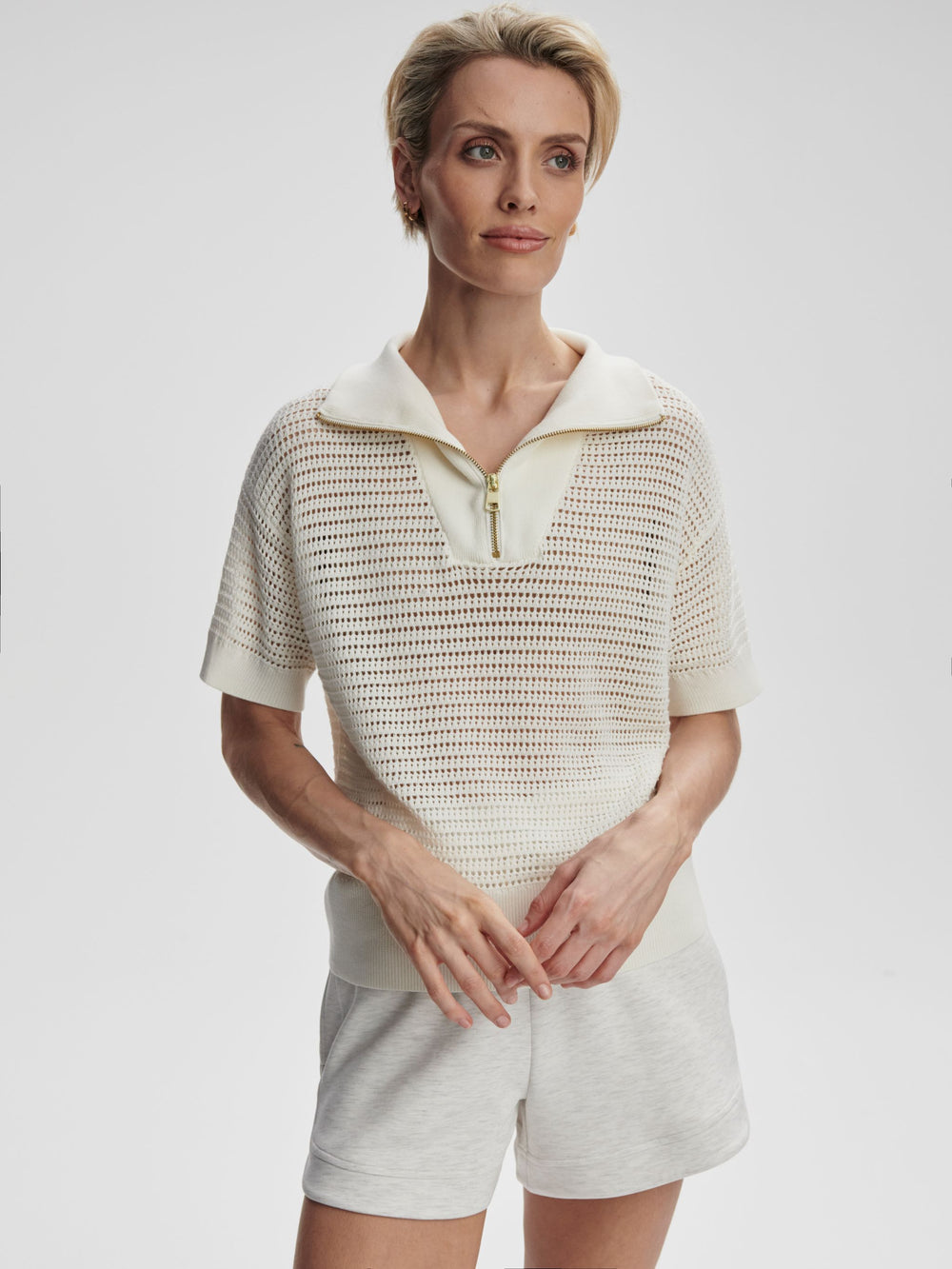 Nali Half Zip Knit Top - Egret