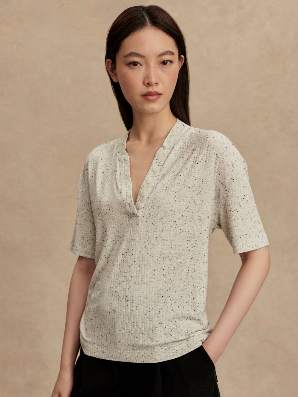 Odette Mock Placket Tee - Egret/Black