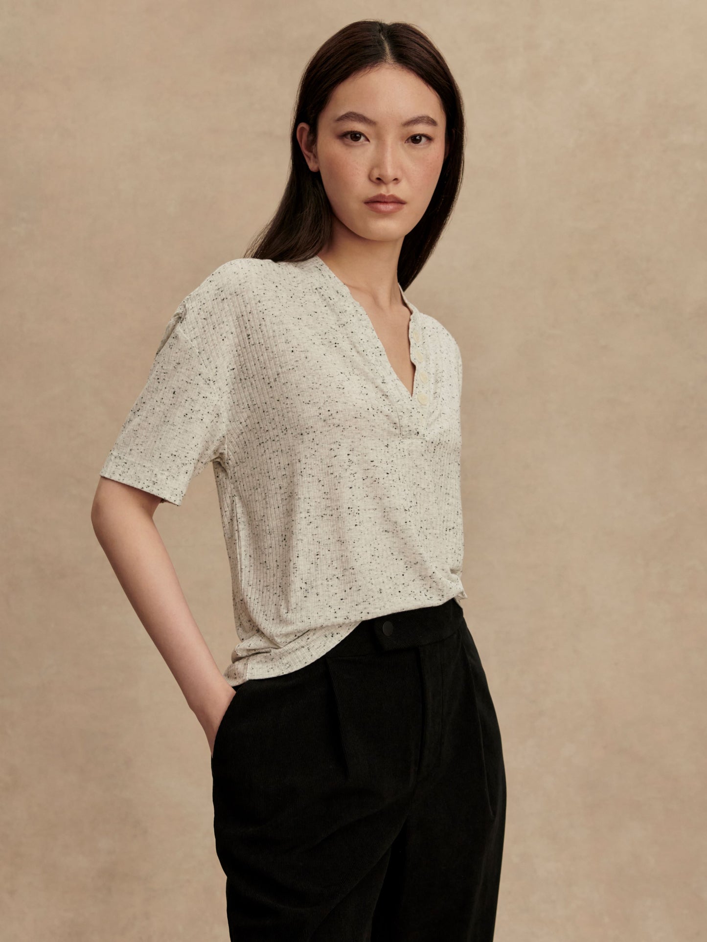 Odette Mock Placket Tee - Egret/Black