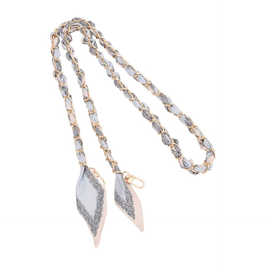 Gold Phone Chain with Scarf Blue Cream - Long: Blue White