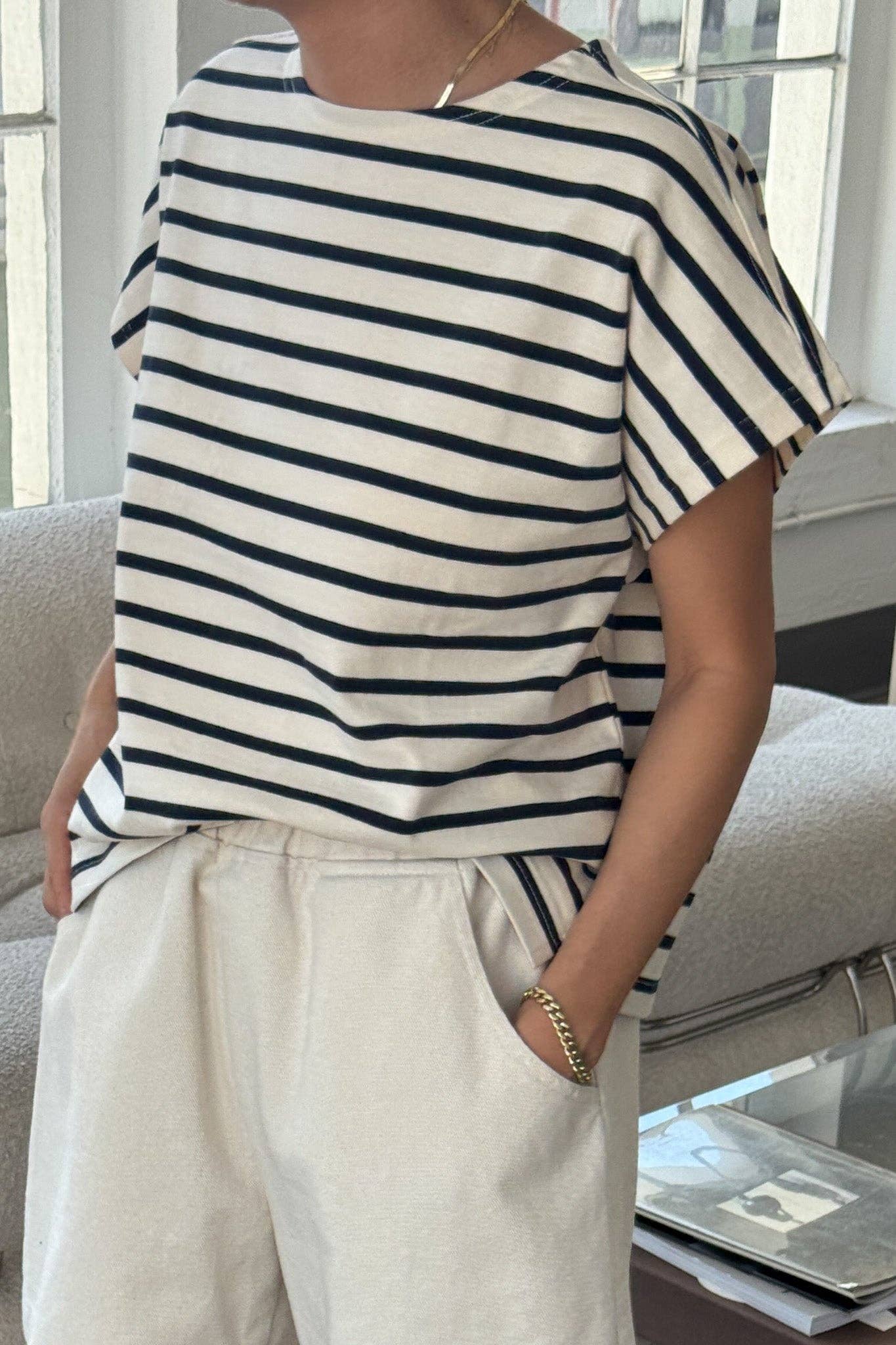 Manon Tee - Navy Stripe on Cream
