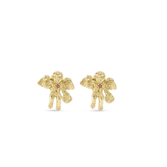 Solid Gold 14K Lamassu Angel Earrings with Ruby