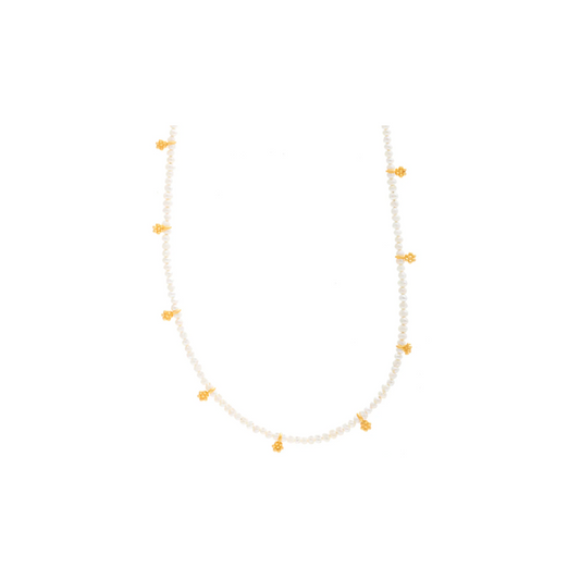 Short Pearl Beaded Necklace with Flower Gold Charm