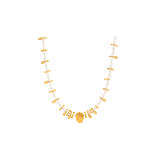 Short Pearl Beaded Necklace with Gold Charms