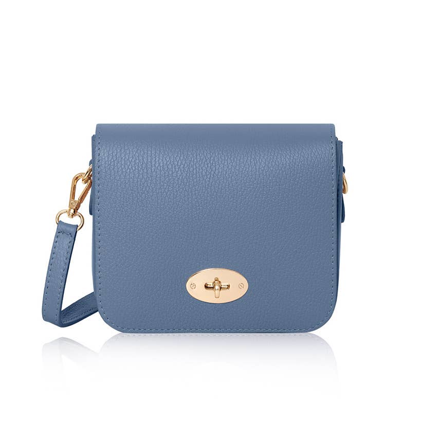 Italian Leather Crossbody Bag with Metal Clasp -  Denim Blue