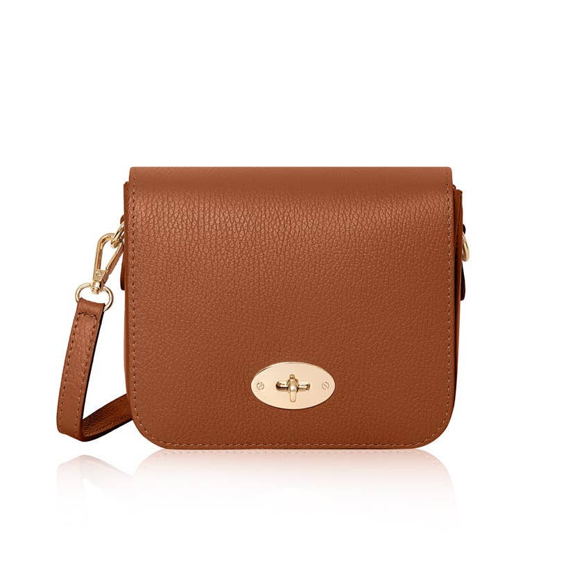 Italian Leather Crossbody Bag with Metal Clasp - Dark Tan