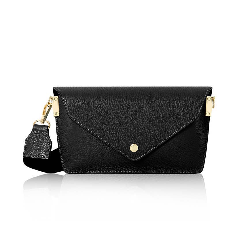 Italian Leather Crossbody Bag with Canvas Strap: Black