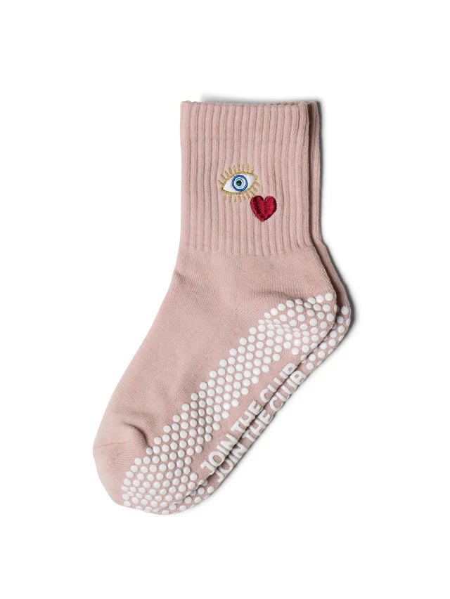 Evil Eye Heart Pilates Grip Sock - Pink