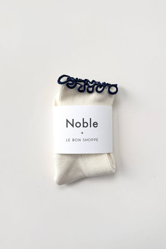 The Petite Ruffled Modal Socks: Soft White/Navy