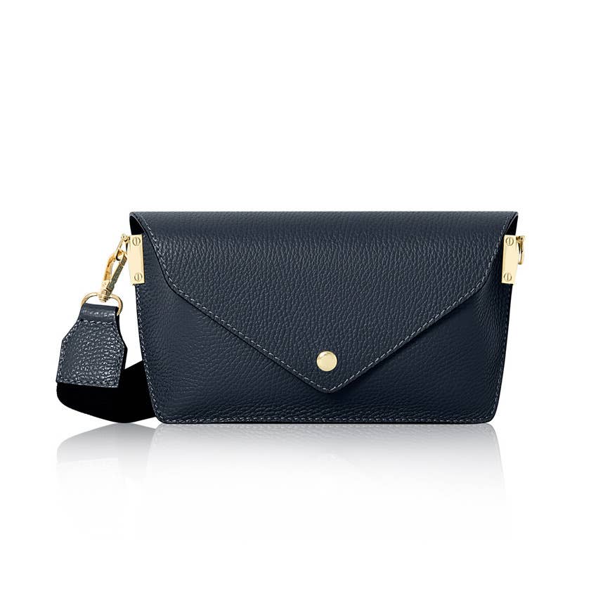 Italian Leather Crossbody Bag with Canvas Strap: Denim Blue