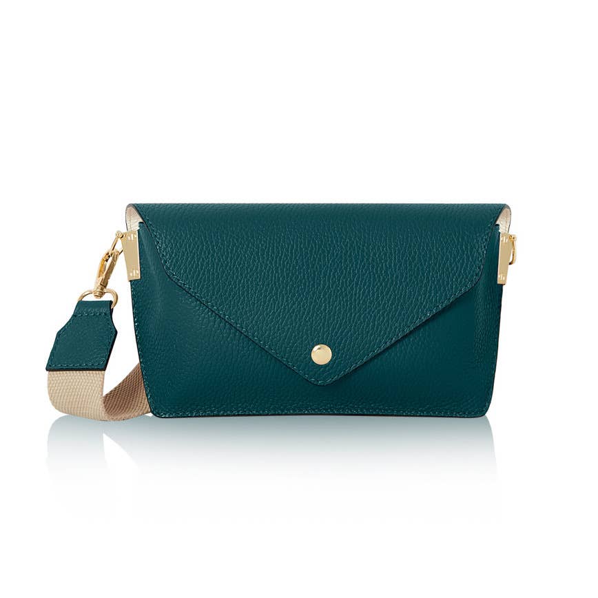 Italian Leather Crossbody Bag with Canvas Strap: Denim Blue