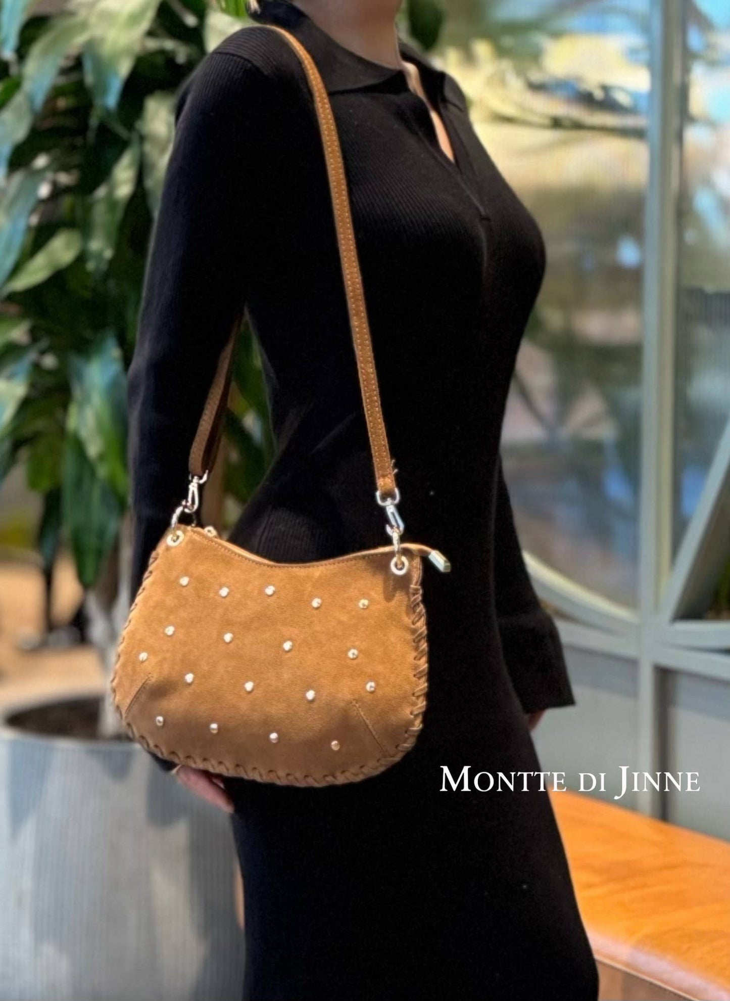 Italian Suede Studded Crossbody Bag: Dark Chocolate