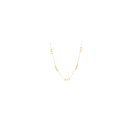 Long Gold Plate Chain with Aquamarine Beads & Gold Charm Necklace