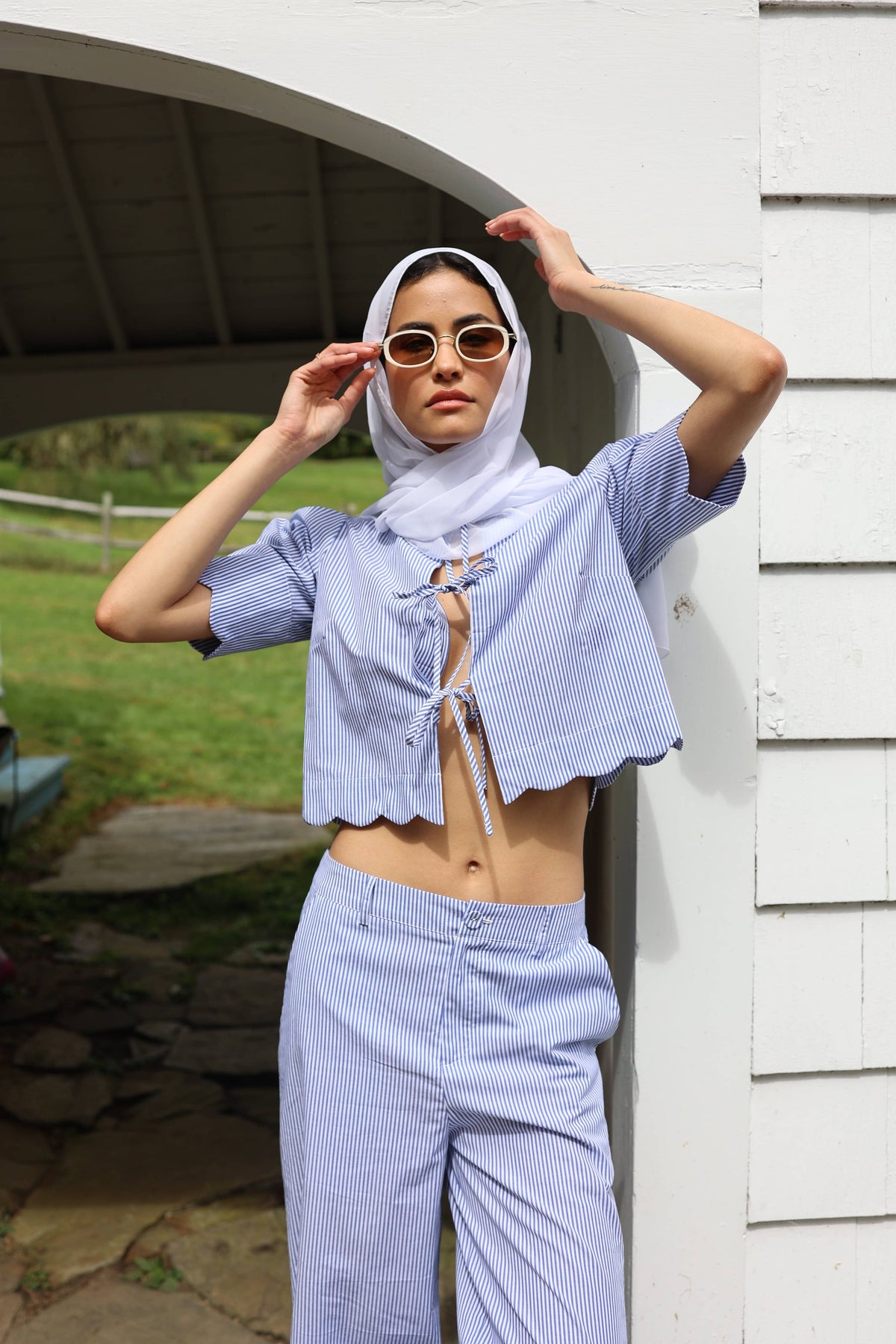 Scalloped Top - Blue Stripe