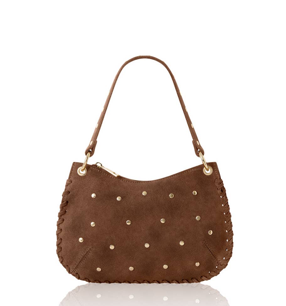 Italian Suede Studded Crossbody Bag: Dark Tan
