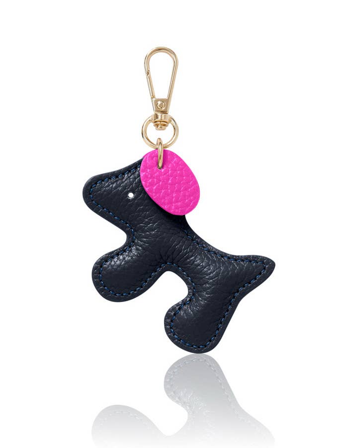 Italian Leather Dog-Shaped Keyring Bag Charm: NAVY-PINK