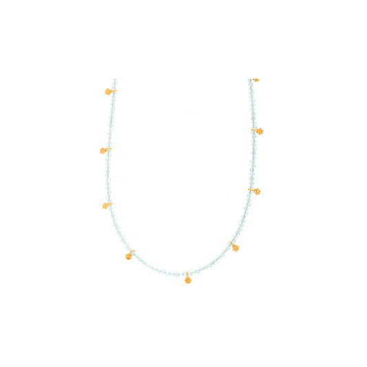 Short Aquamarine Beaded Necklace with Flower Gold