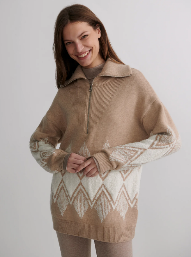 Betty Jacquard Half Zip -  Light Taupe