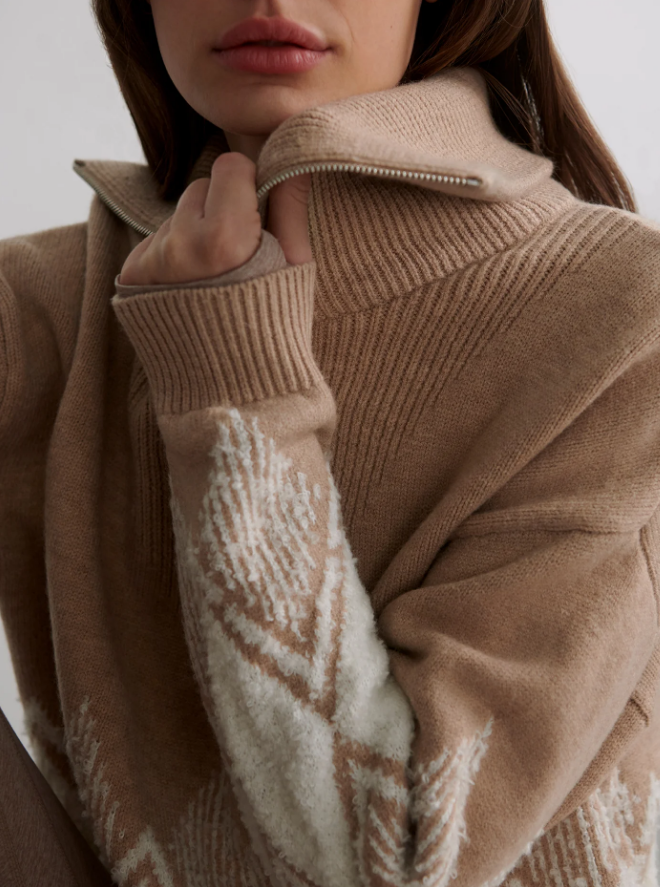 Betty Jacquard Half Zip -  Light Taupe