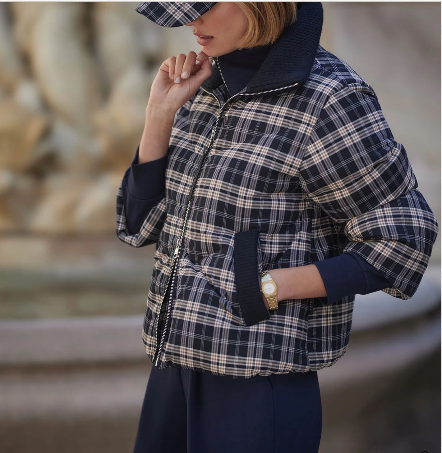 Bryony Short Puffer Jacket -  Navy Check