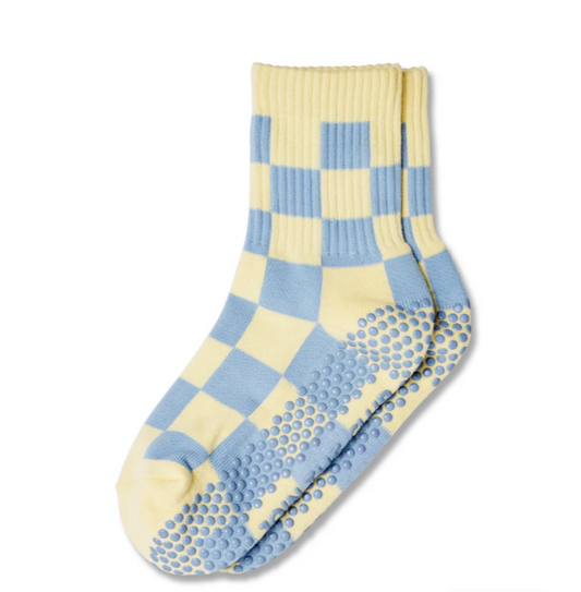Checkered Crew Pilates Grip Sock - Lemon/Blue