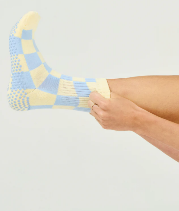 Checkered Crew Pilates Grip Sock - Lemon/Blue