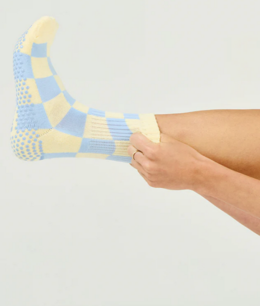 Checkered Crew Pilates Grip Sock - Lemon/Blue