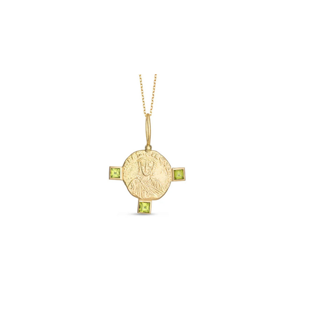 Solid Gold 18K Byzantine Grace Medallion Pendant with Peridot