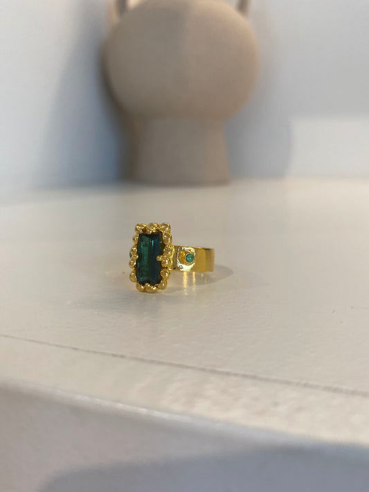 Vermeil Ring Rectangle Green Tourmaline with Tsavorite Garnets