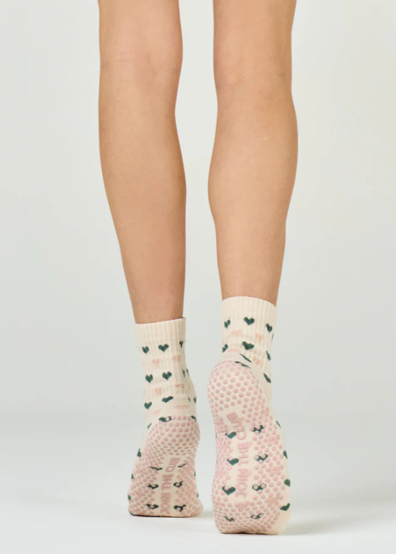 Heart Crew Pilates Grip Sock - Pink/Sage
