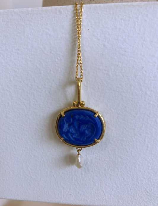 Vermeil Lapis Lazuli Pendant with Pearl and Chain