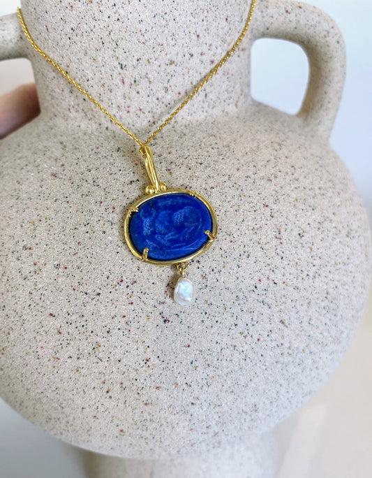 Vermeil Lapis Lazuli Pendant with Pearl and Chain