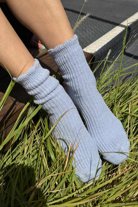 Linen Scallop Socks - Pale Blue